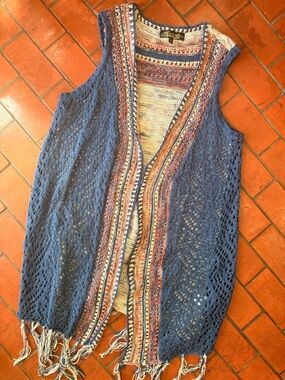 Absolutely Famous Blue Open-Knit Fringe Sweater Vest with Multicolor Trim